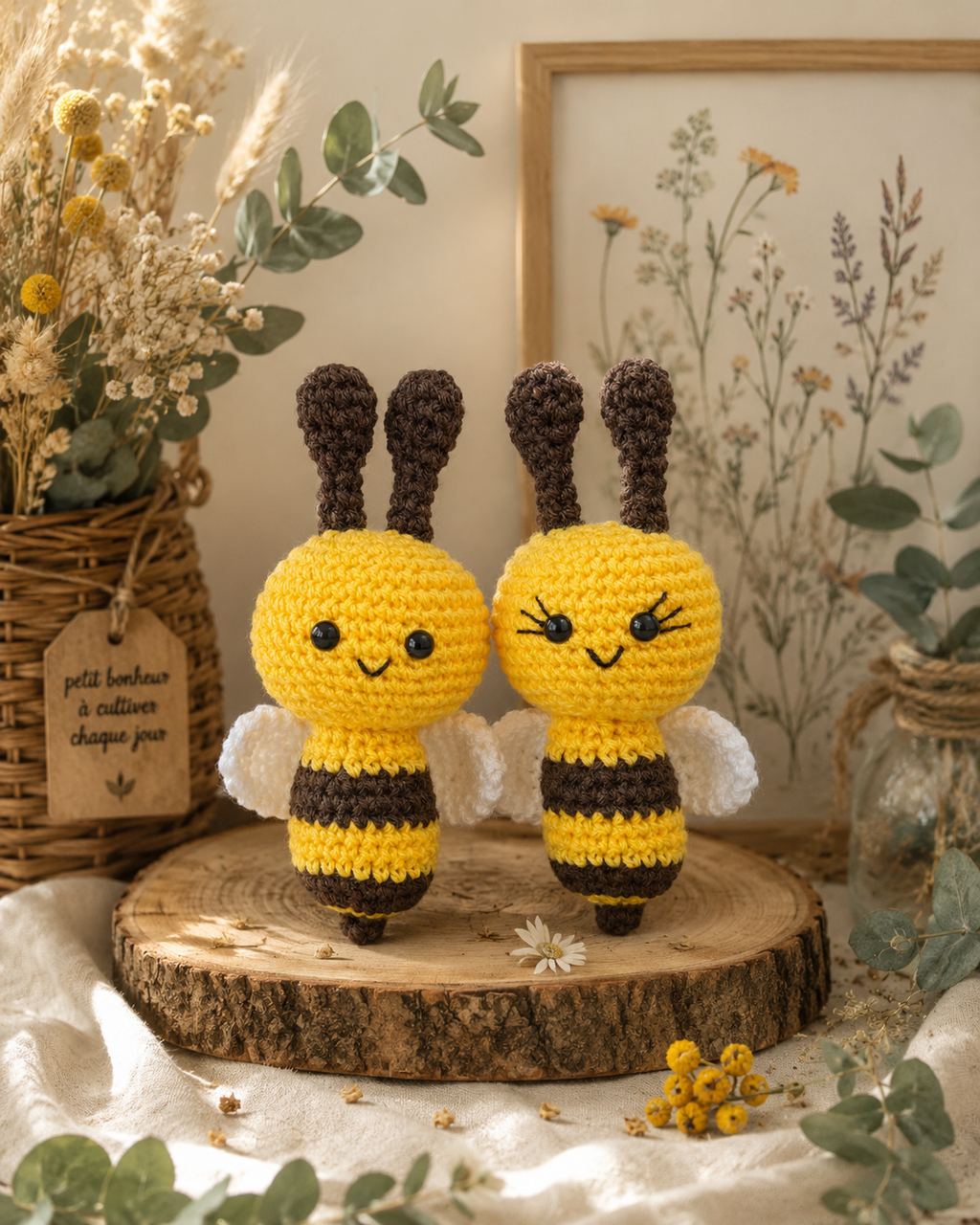 2 peluches abeilles jaunes au crochet présentées dans une décoration nature grâce à l'IA sur socle en bois